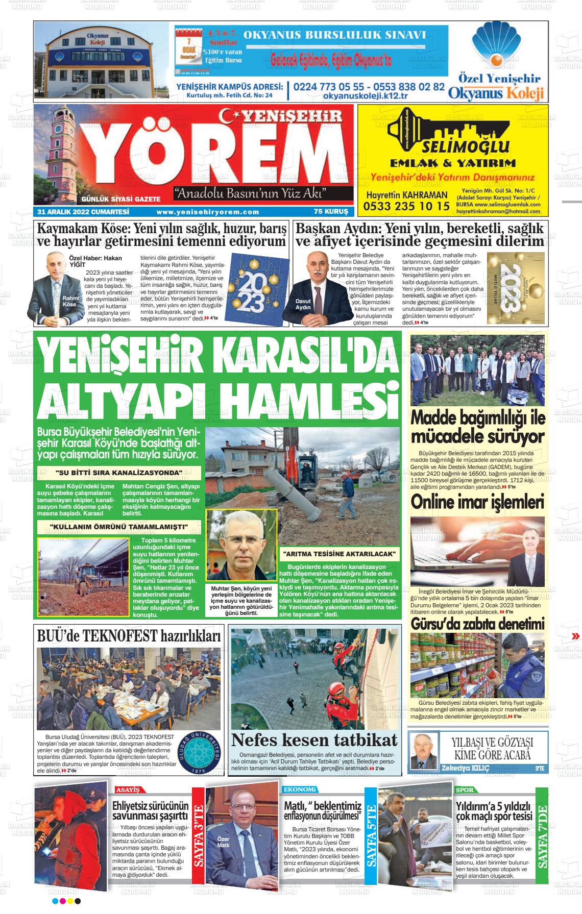 31 Aralık 2022 Yenişehir Yörem Gazete Manşeti