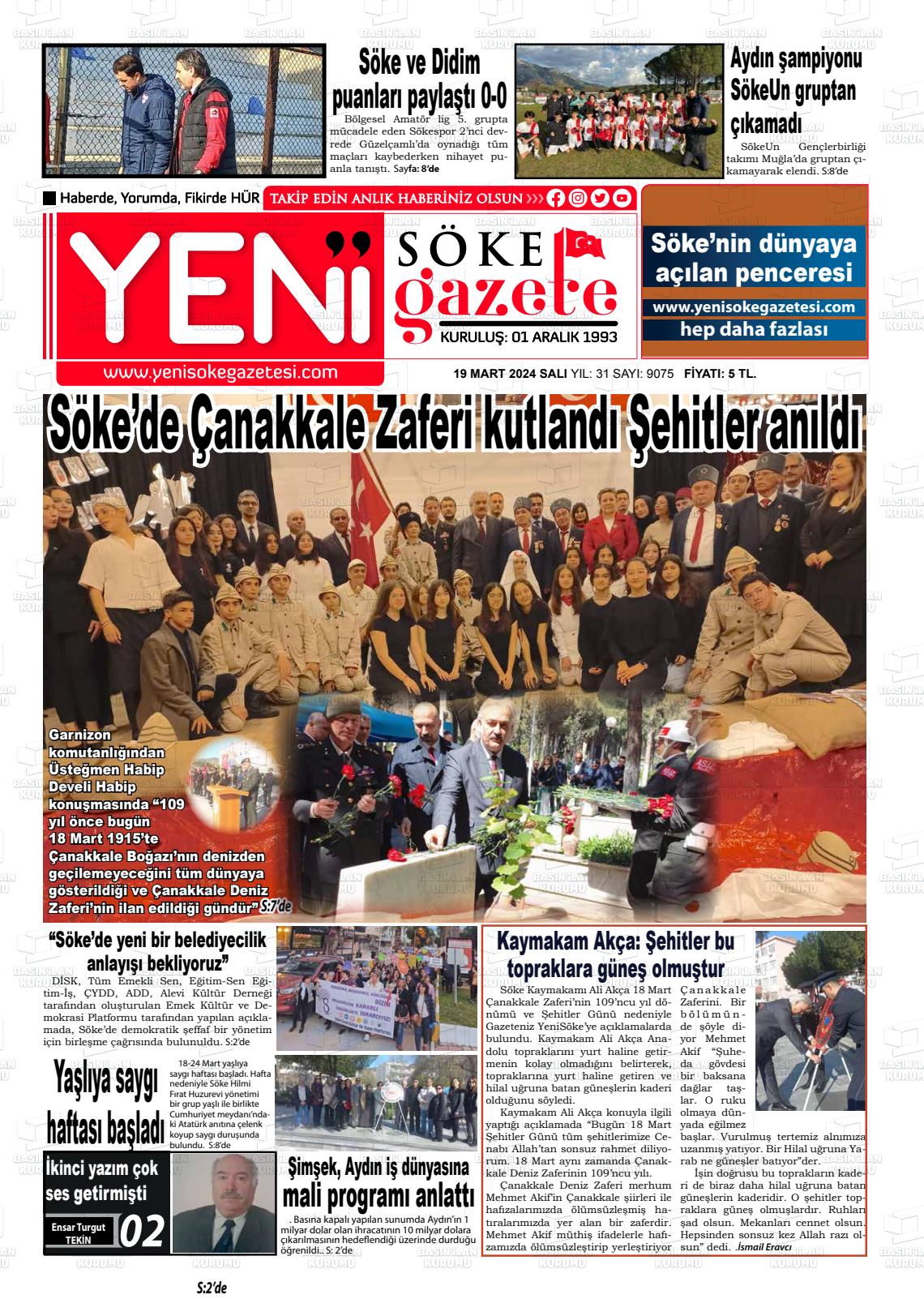 19 Mart 2024 Yeni Söke Gazete Manşeti