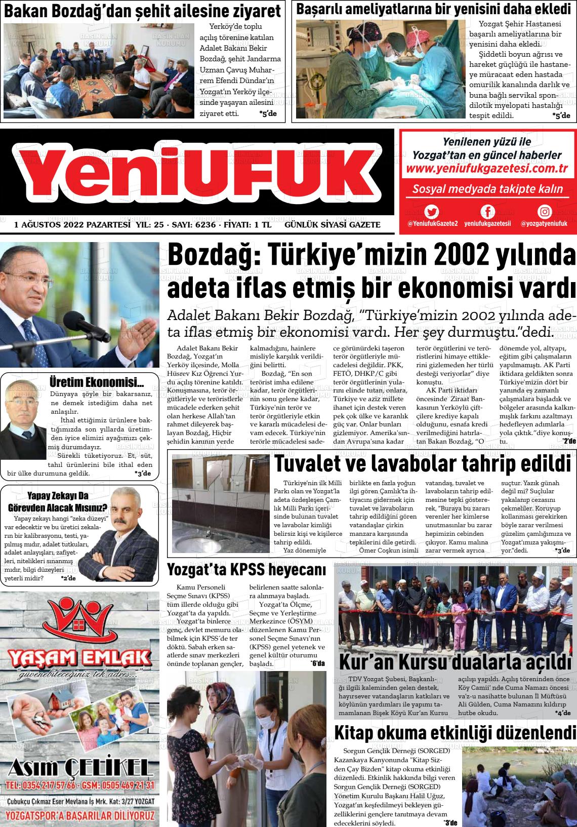 01 Ağustos 2022 Yozgat Yeni Ufuk Gazete Manşeti