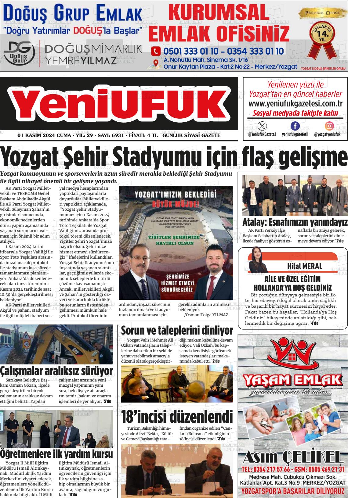 01 Kasım 2024 Yozgat Yeni Ufuk Gazete Manşeti