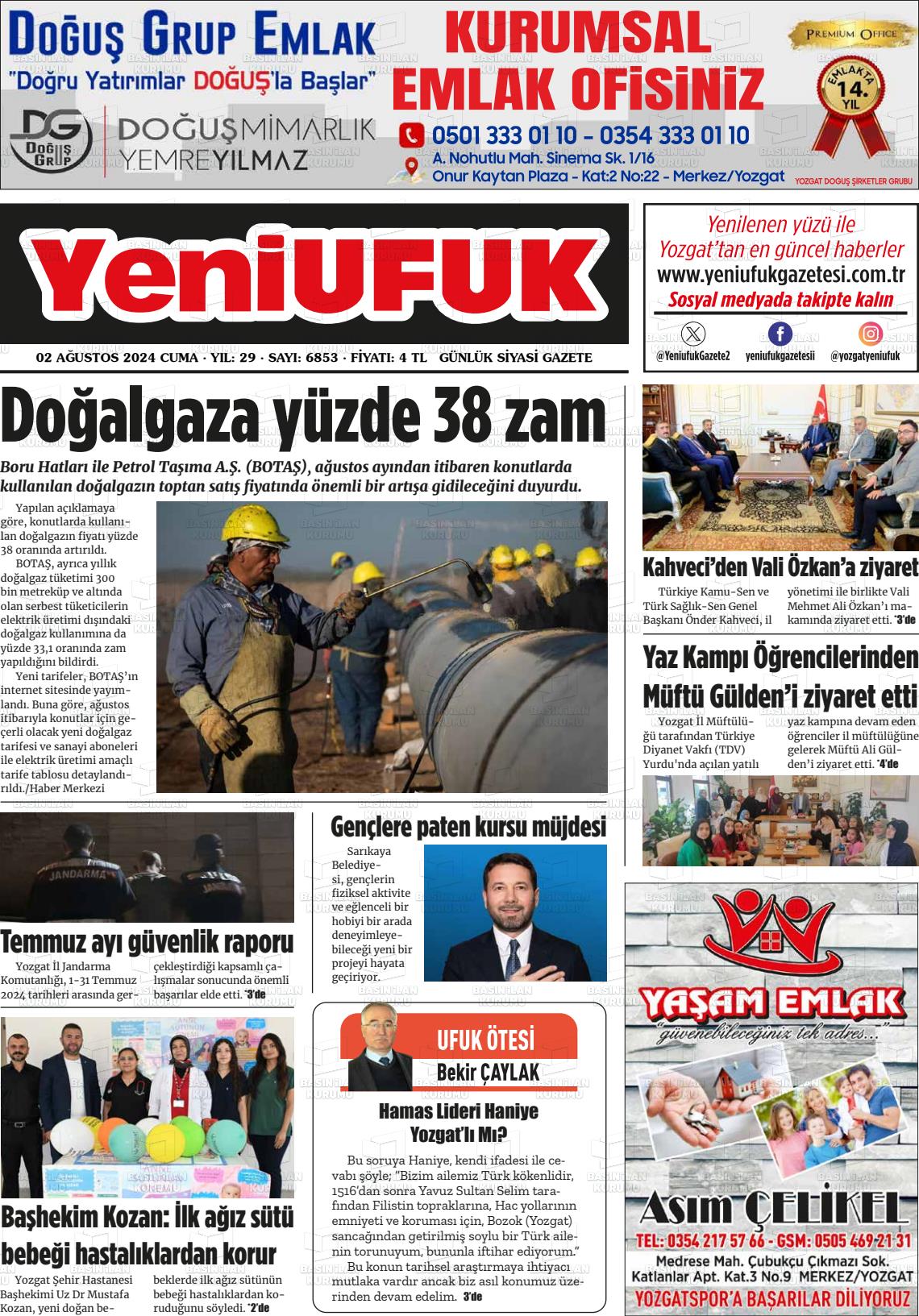 02 Ağustos 2024 Yozgat Yeni Ufuk Gazete Manşeti