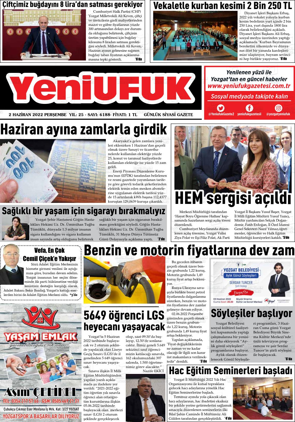 02 Haziran 2022 Yozgat Yeni Ufuk Gazete Manşeti