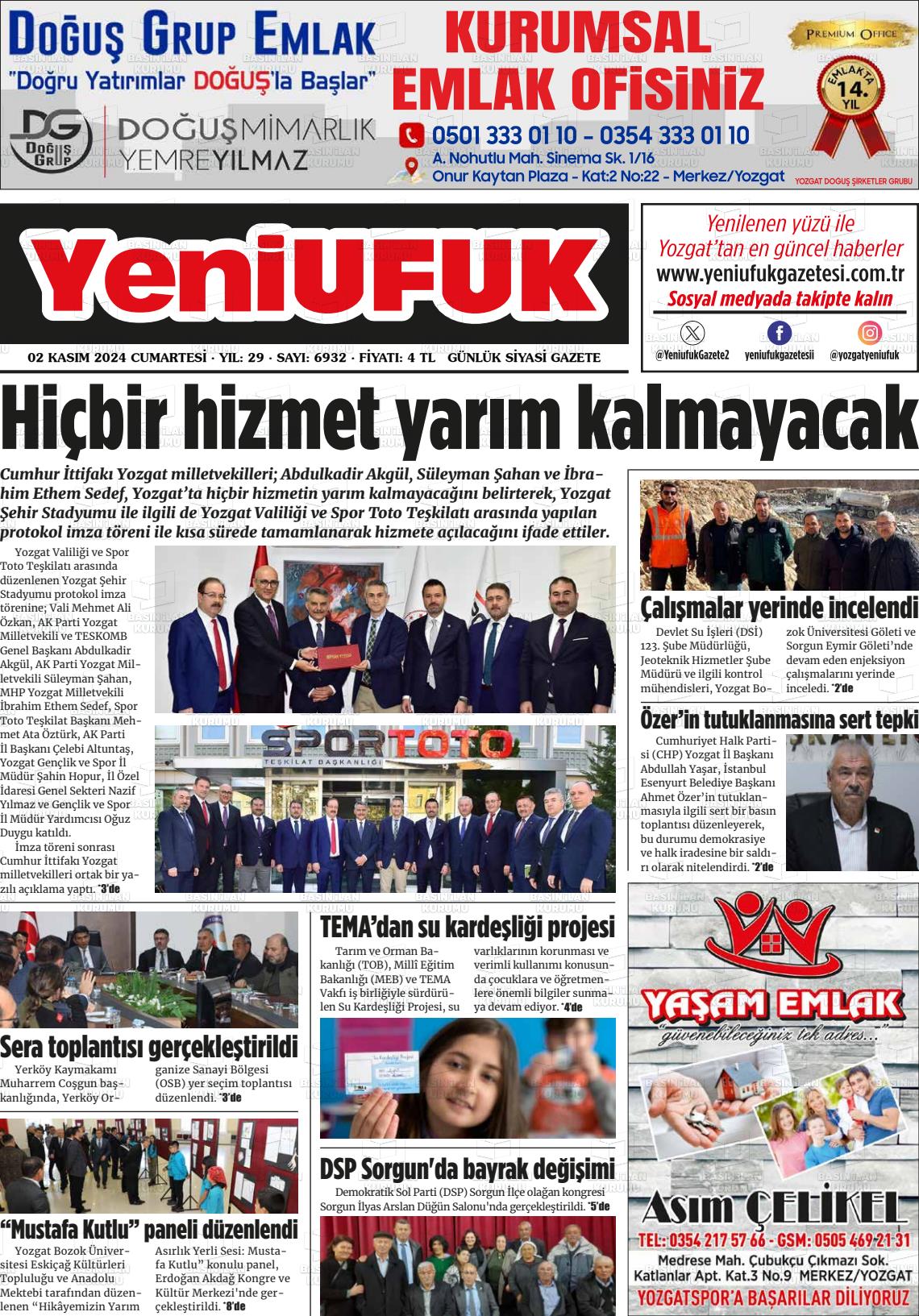 02 Kasım 2024 Yozgat Yeni Ufuk Gazete Manşeti