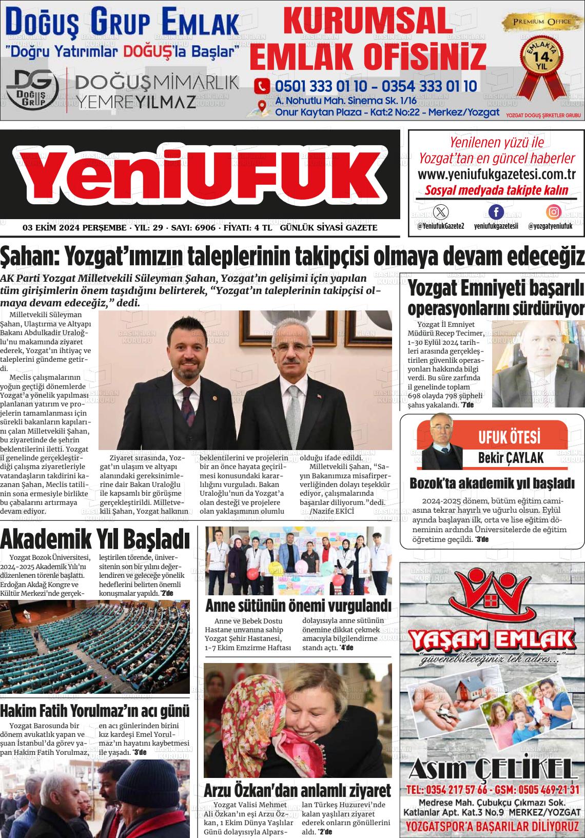 03 Ekim 2024 Yozgat Yeni Ufuk Gazete Manşeti