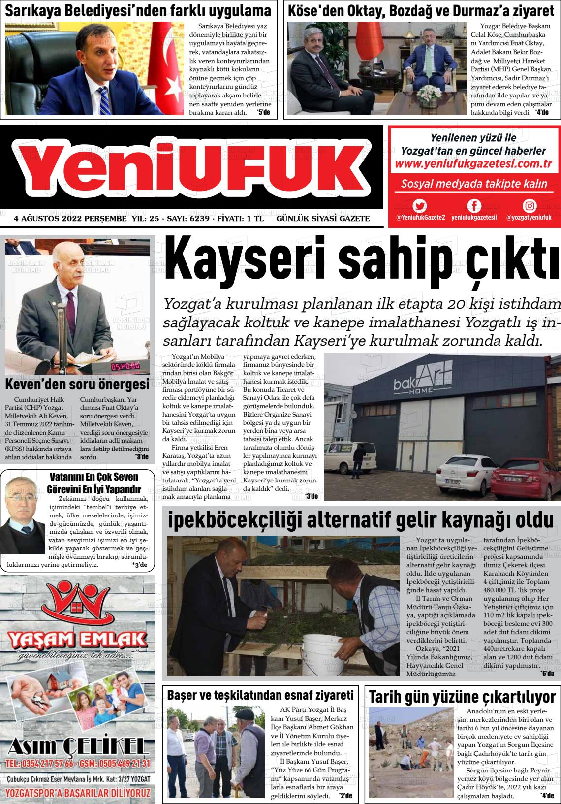 04 Ağustos 2022 Yozgat Yeni Ufuk Gazete Manşeti