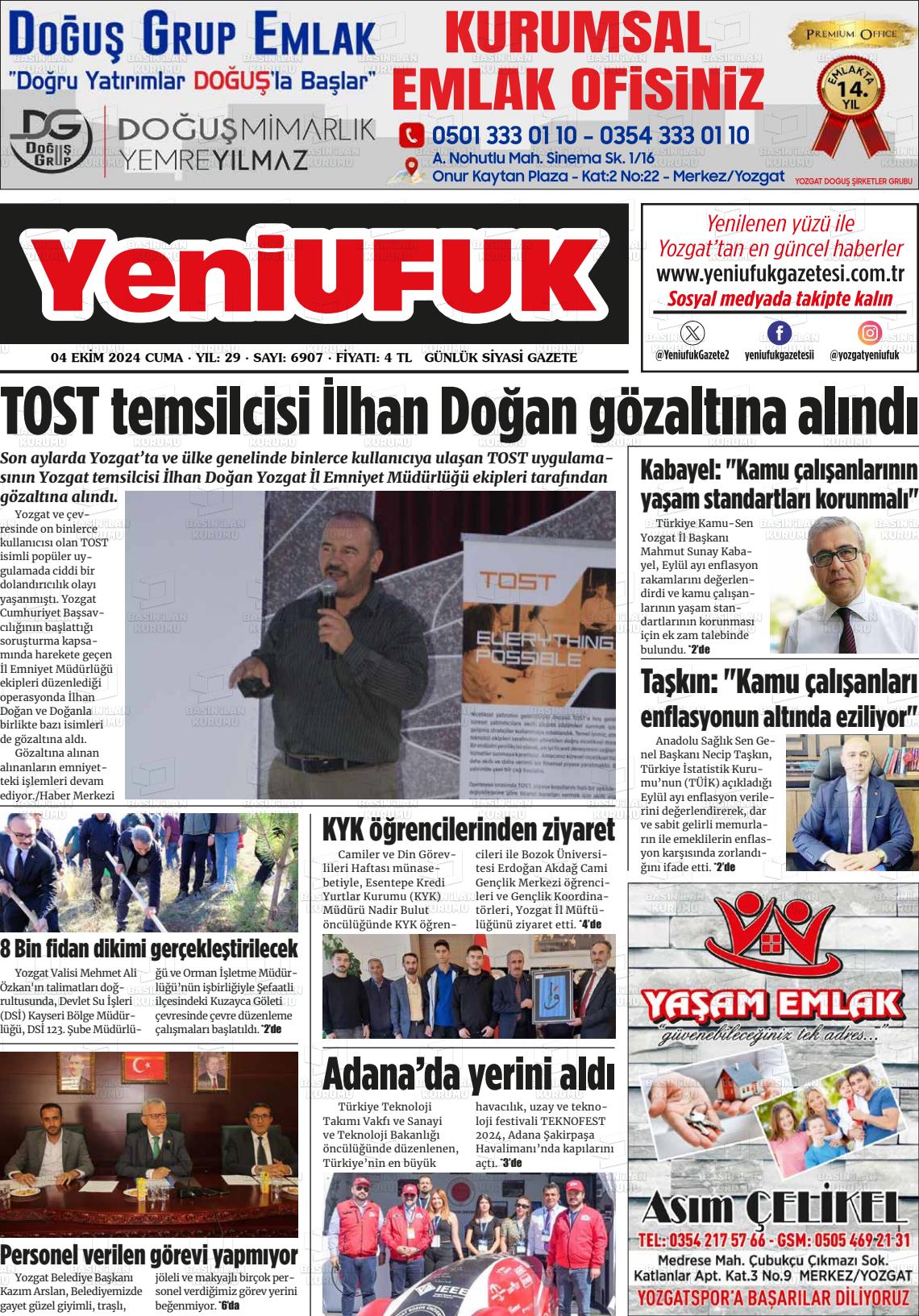 04 Ekim 2024 Yozgat Yeni Ufuk Gazete Manşeti