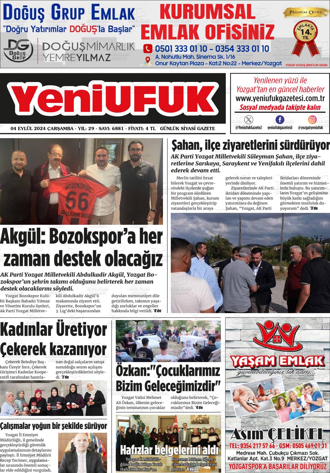 04 Eylül 2024 Yozgat Yeni Ufuk Gazete Manşeti