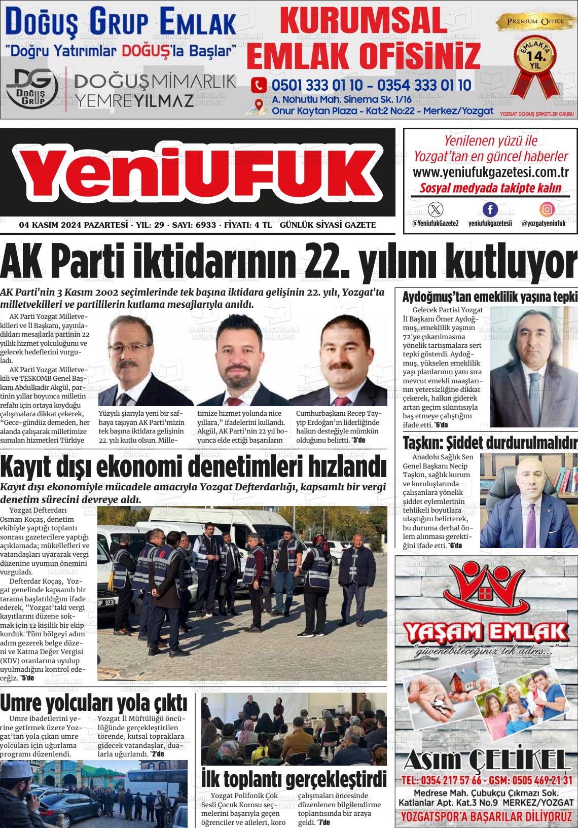 04 Kasım 2024 Yozgat Yeni Ufuk Gazete Manşeti