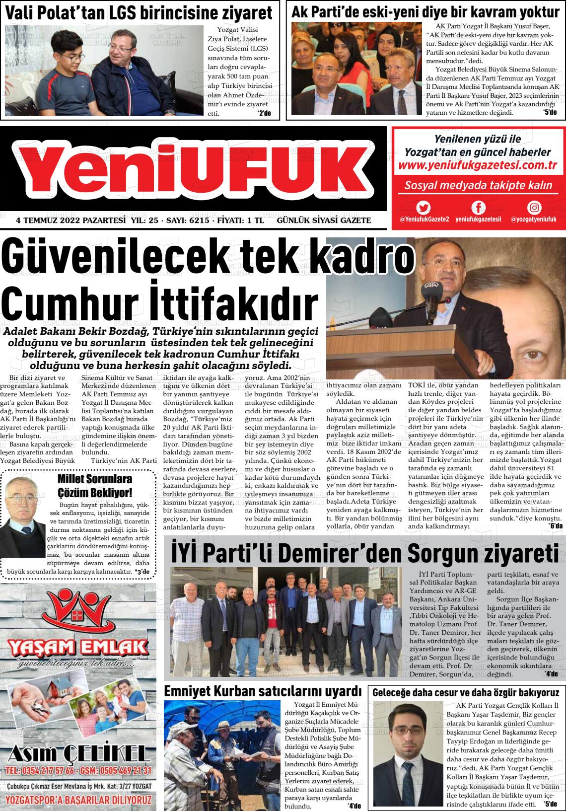 04 Temmuz 2022 Yozgat Yeni Ufuk Gazete Manşeti