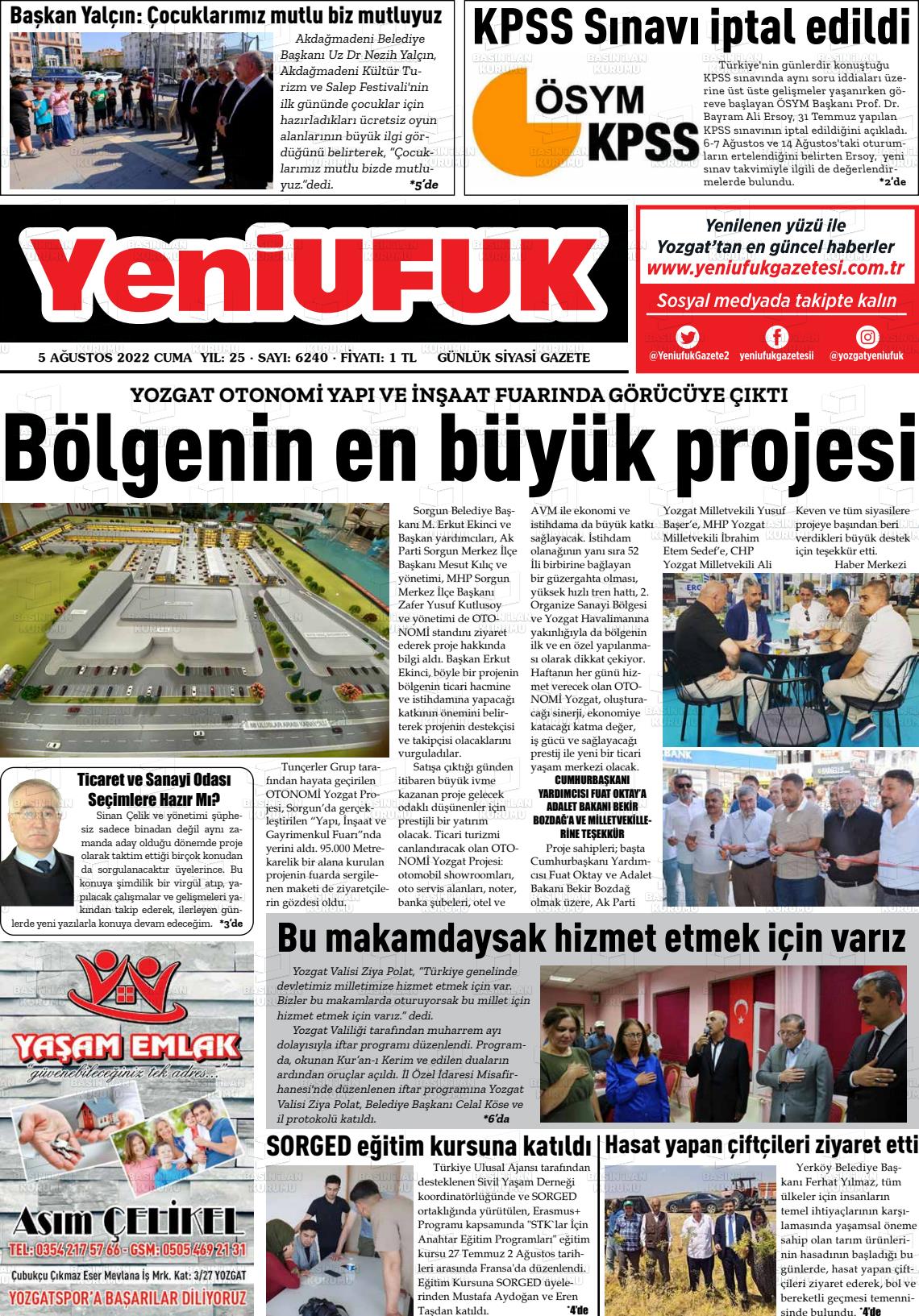 05 Ağustos 2022 Yozgat Yeni Ufuk Gazete Manşeti