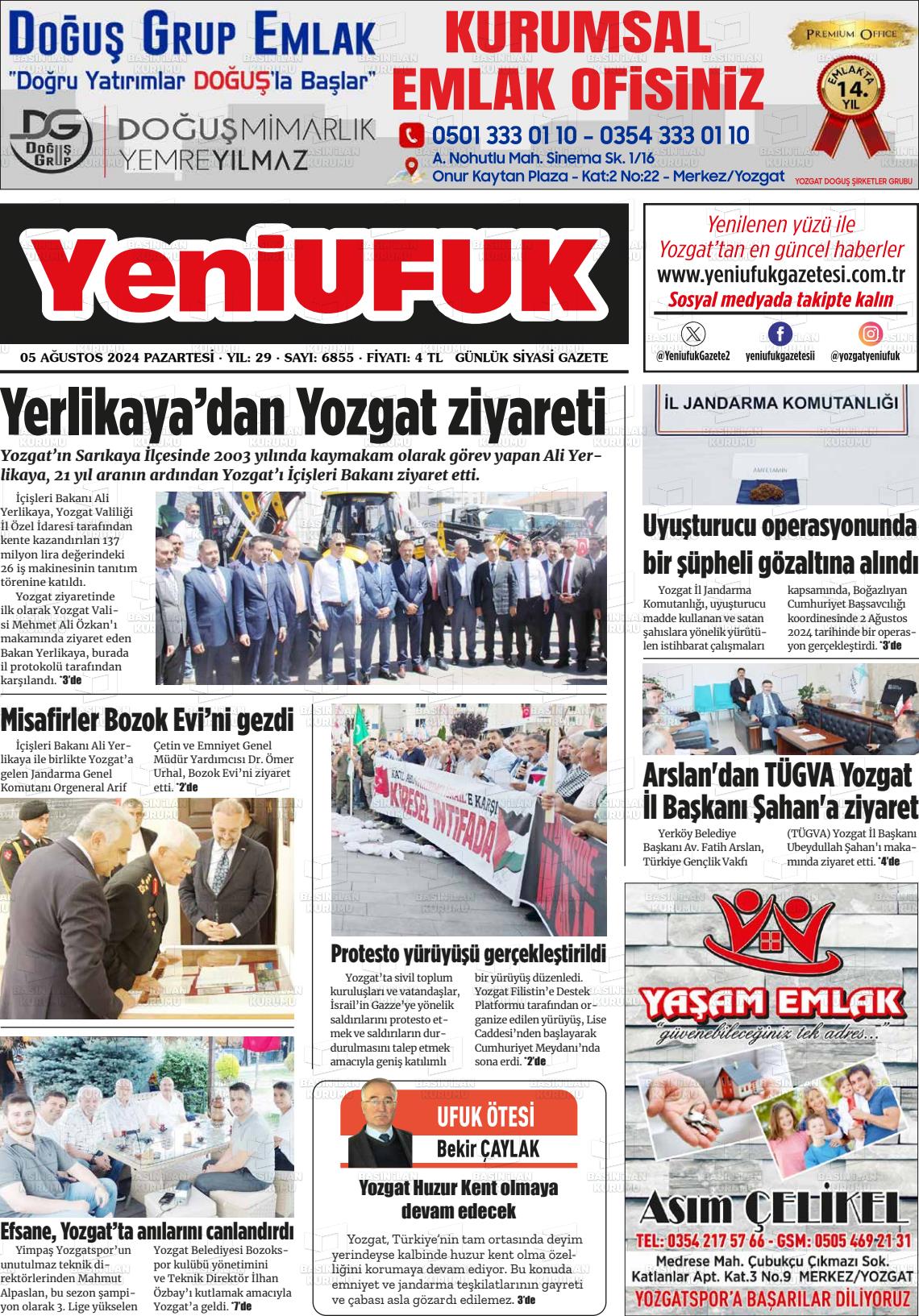 05 Ağustos 2024 Yozgat Yeni Ufuk Gazete Manşeti