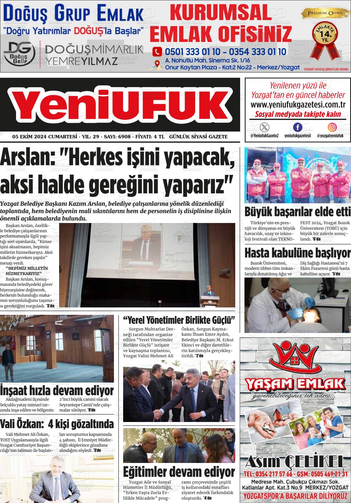 05 Ekim 2024 Yozgat Yeni Ufuk Gazete Manşeti