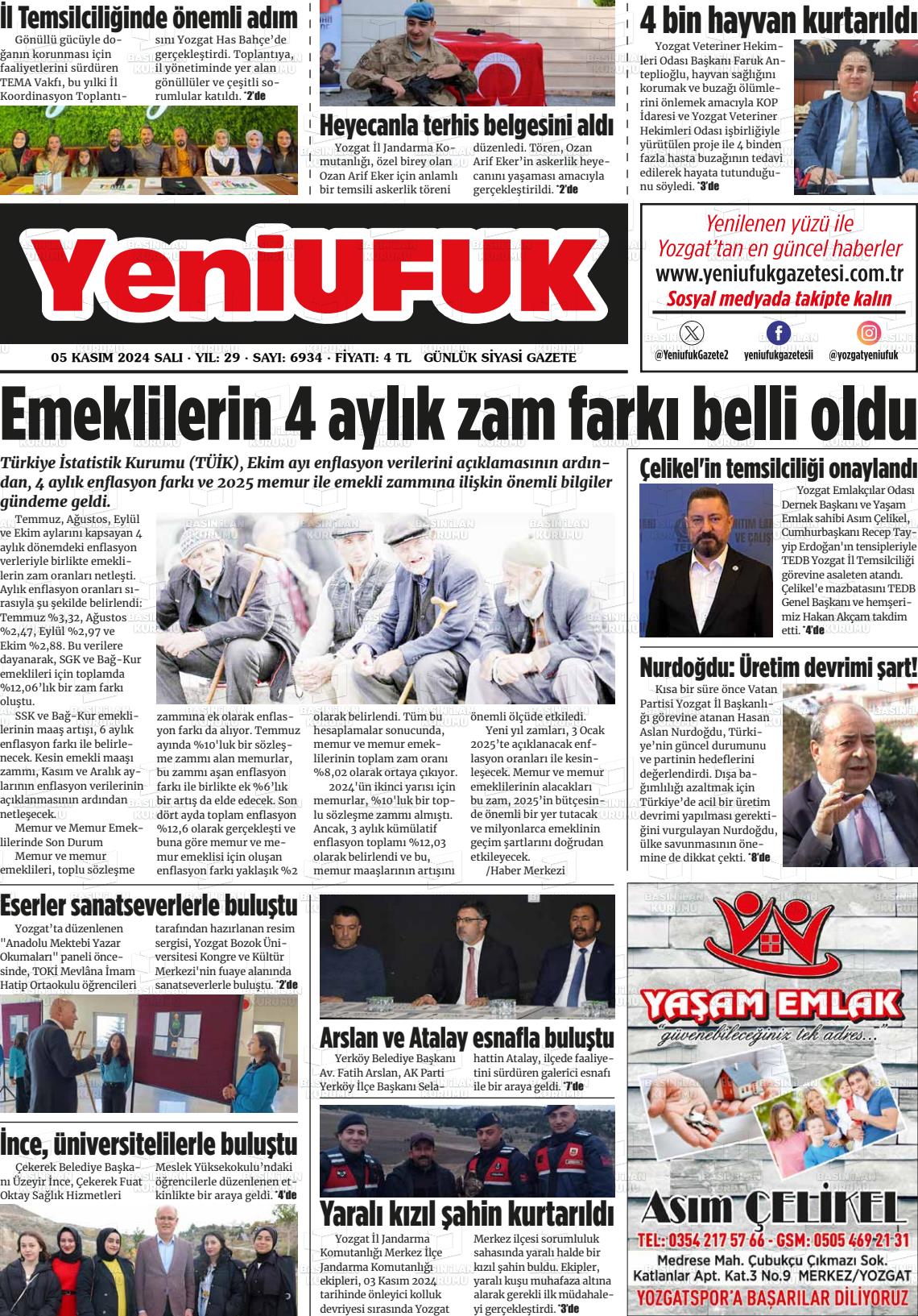 05 Kasım 2024 Yozgat Yeni Ufuk Gazete Manşeti