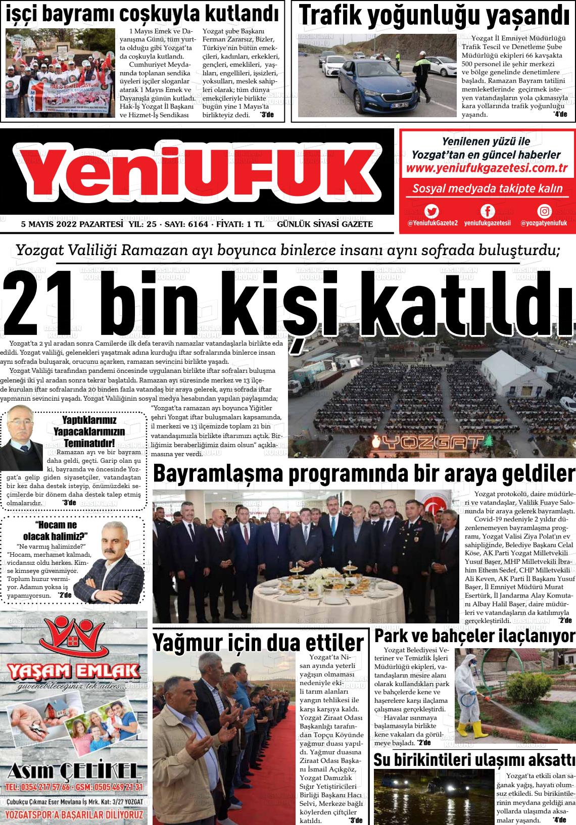 05 Mayıs 2022 Yozgat Yeni Ufuk Gazete Manşeti