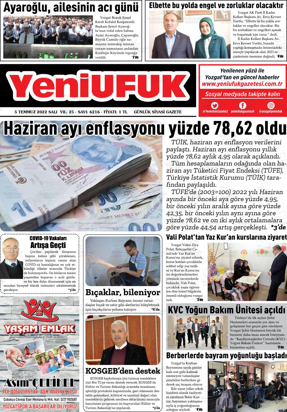 05 Temmuz 2022 Yozgat Yeni Ufuk Gazete Manşeti