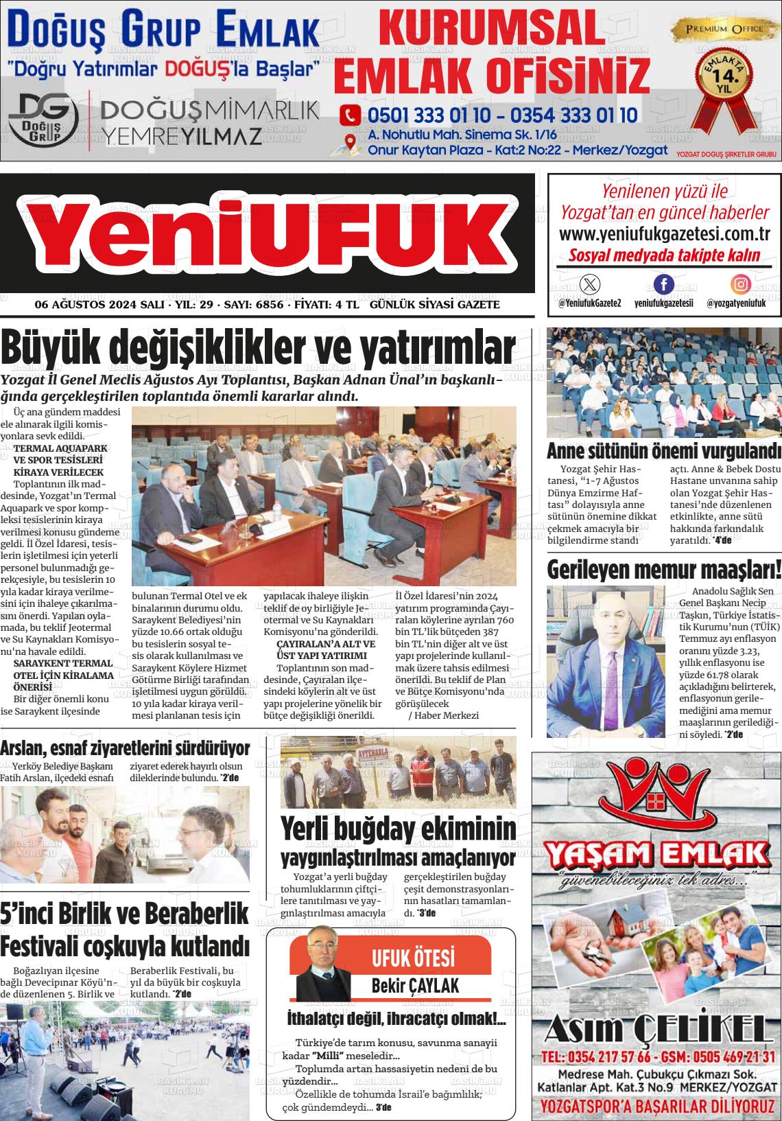 06 Ağustos 2024 Yozgat Yeni Ufuk Gazete Manşeti