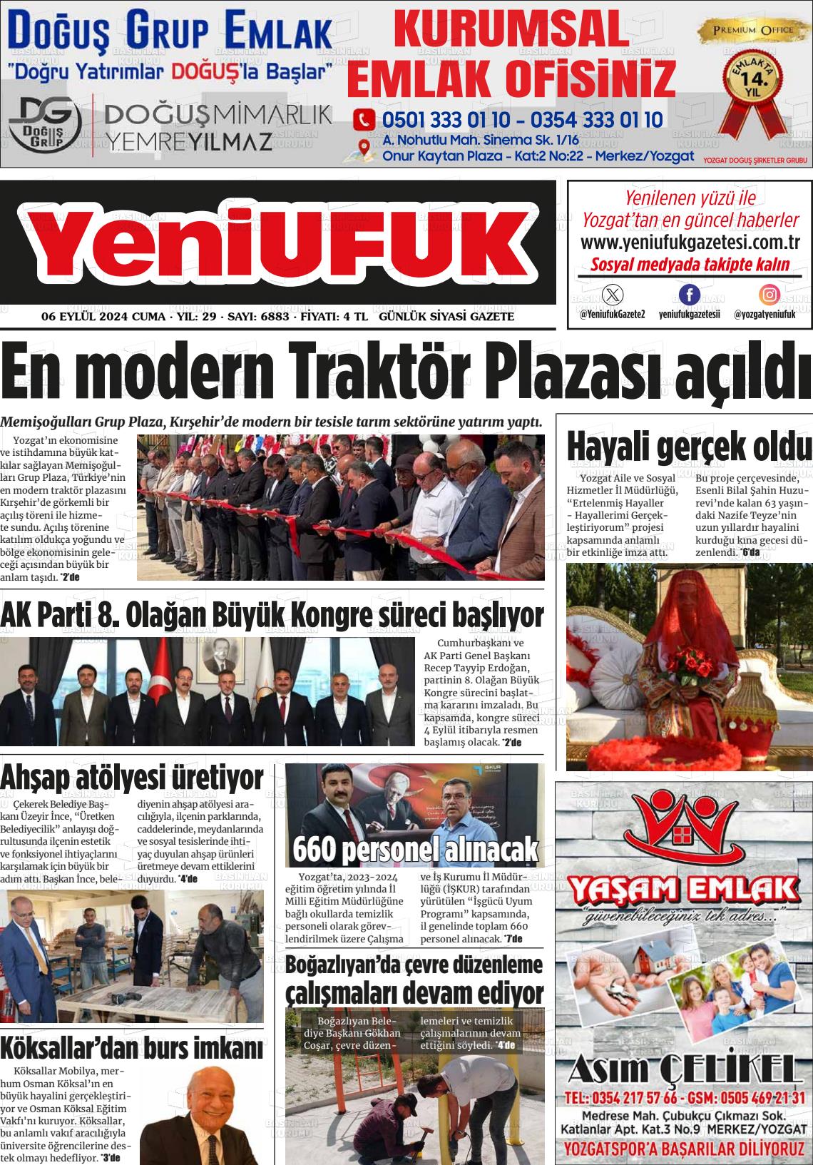 06 Eylül 2024 Yozgat Yeni Ufuk Gazete Manşeti