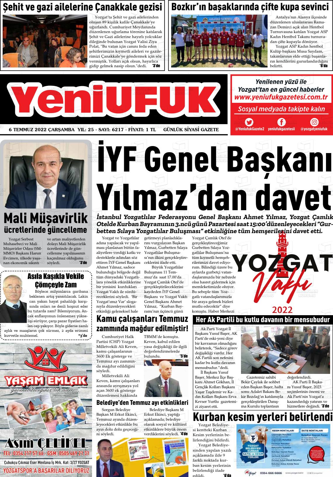 06 Temmuz 2022 Yozgat Yeni Ufuk Gazete Manşeti