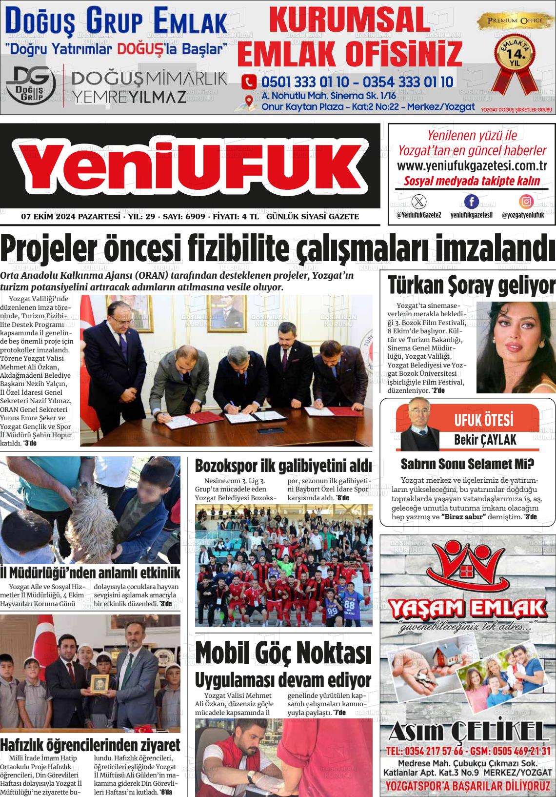 07 Ekim 2024 Yozgat Yeni Ufuk Gazete Manşeti