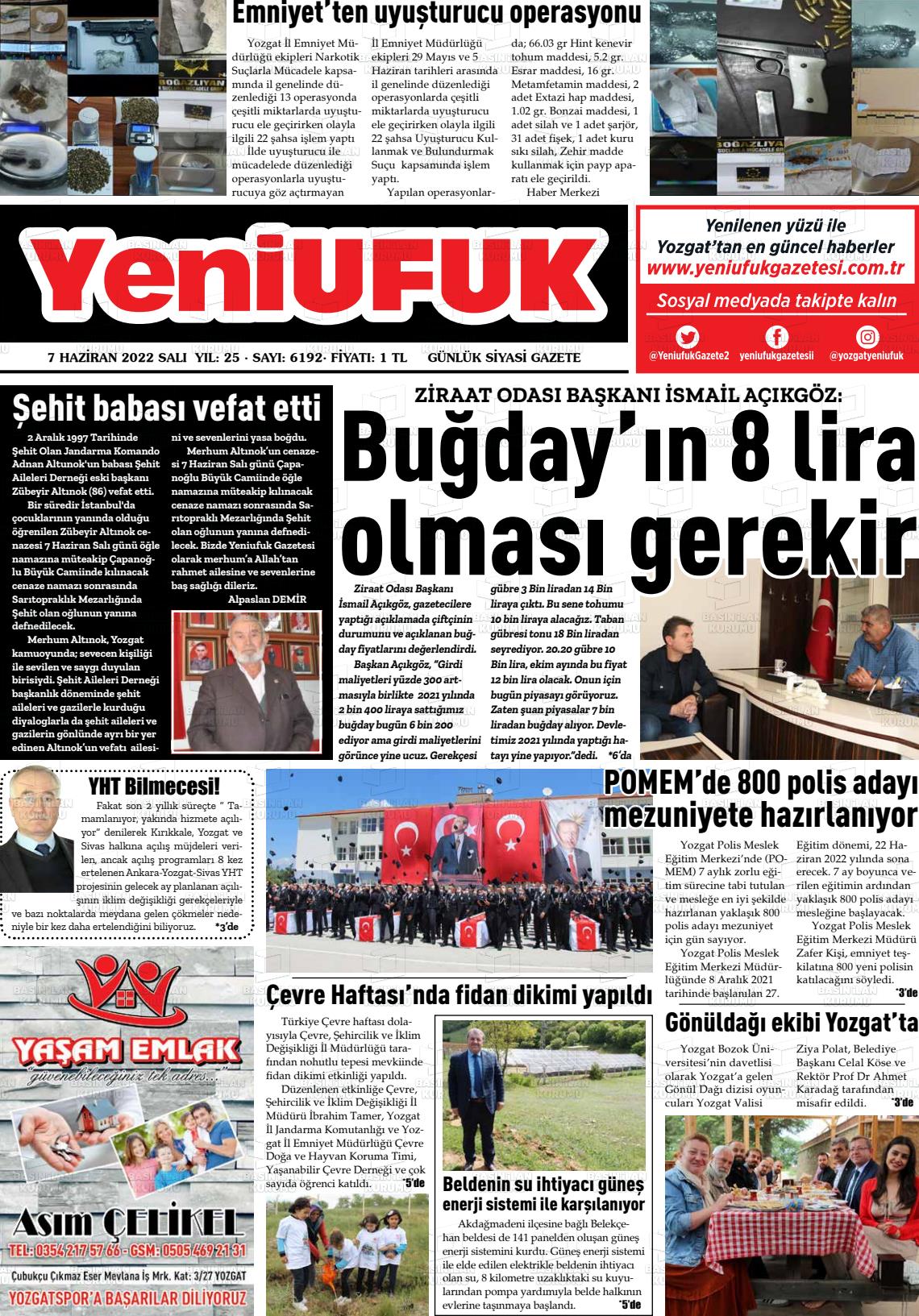 07 Haziran 2022 Yozgat Yeni Ufuk Gazete Manşeti