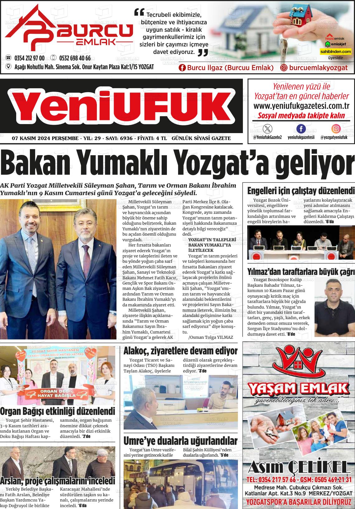 07 Kasım 2024 Yozgat Yeni Ufuk Gazete Manşeti