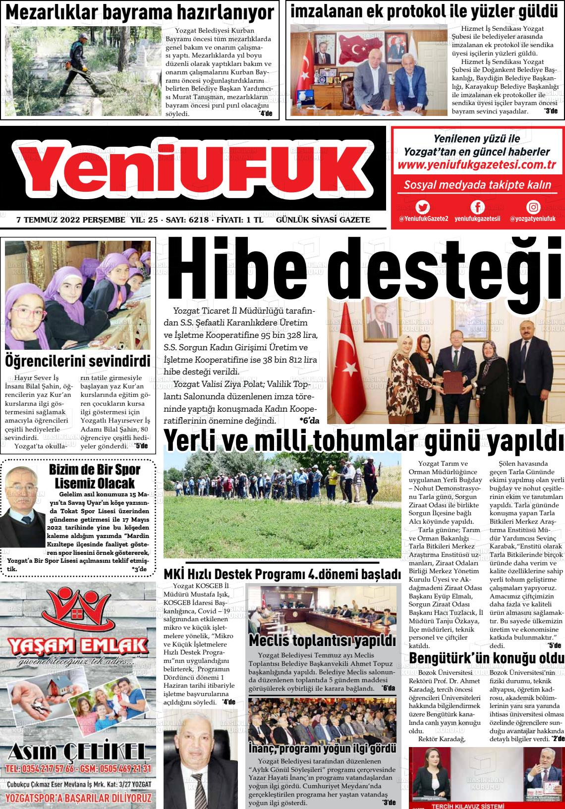 07 Temmuz 2022 Yozgat Yeni Ufuk Gazete Manşeti