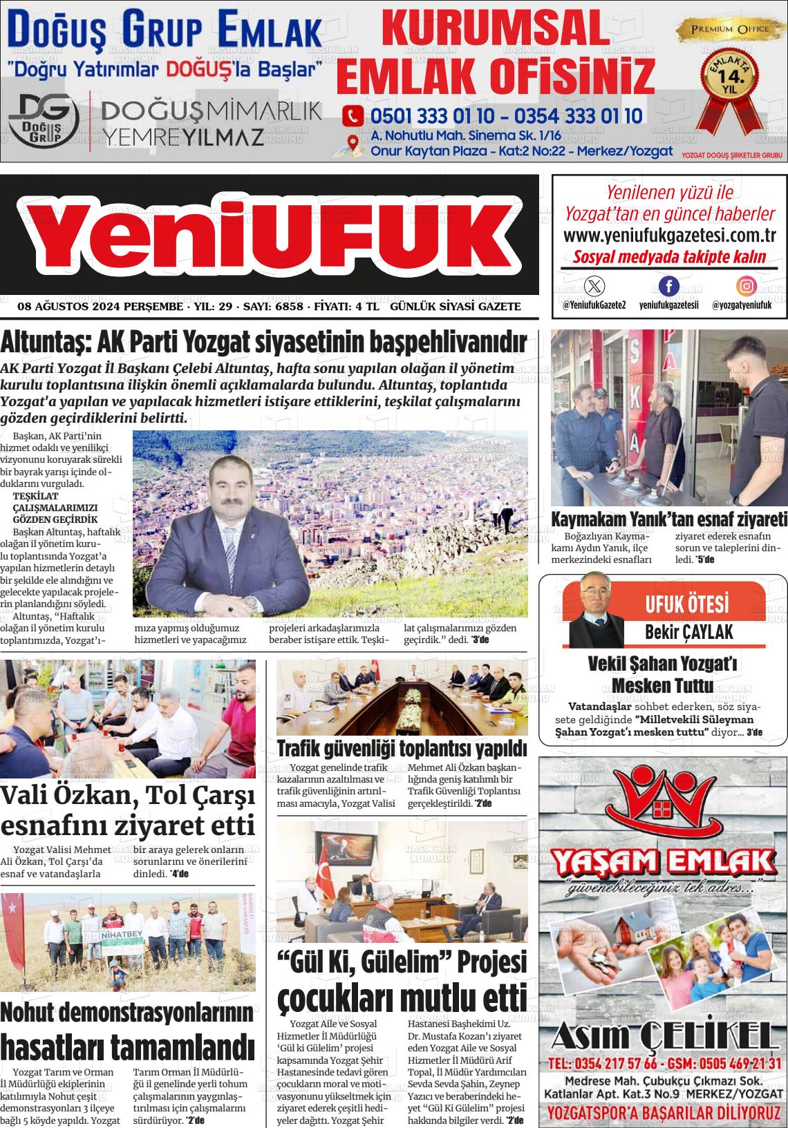 08 Ağustos 2024 Yozgat Yeni Ufuk Gazete Manşeti