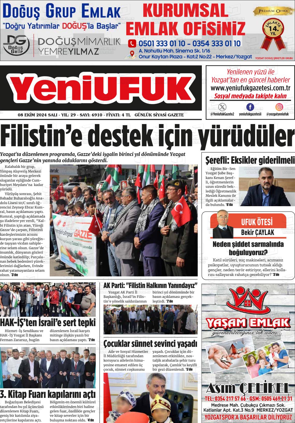 08 Ekim 2024 Yozgat Yeni Ufuk Gazete Manşeti