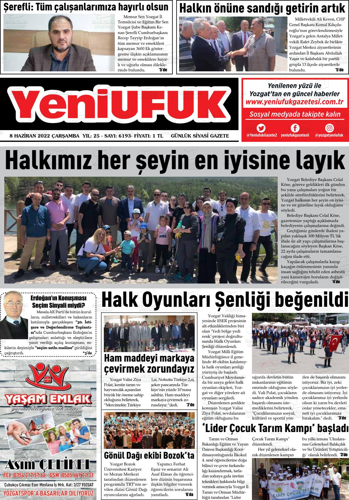 08 Haziran 2022 Yozgat Yeni Ufuk Gazete Manşeti