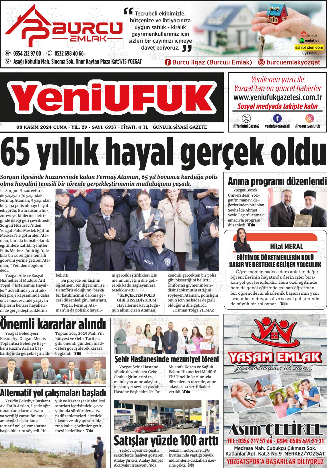 08 Kasım 2024 Yozgat Yeni Ufuk Gazete Manşeti