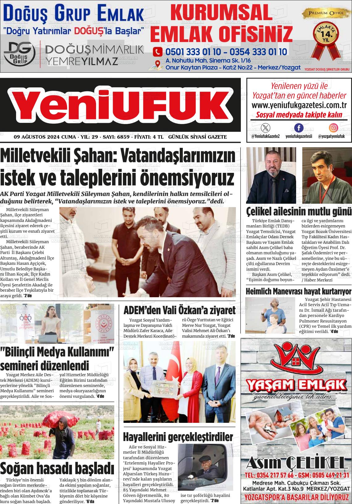 09 Ağustos 2024 Yozgat Yeni Ufuk Gazete Manşeti