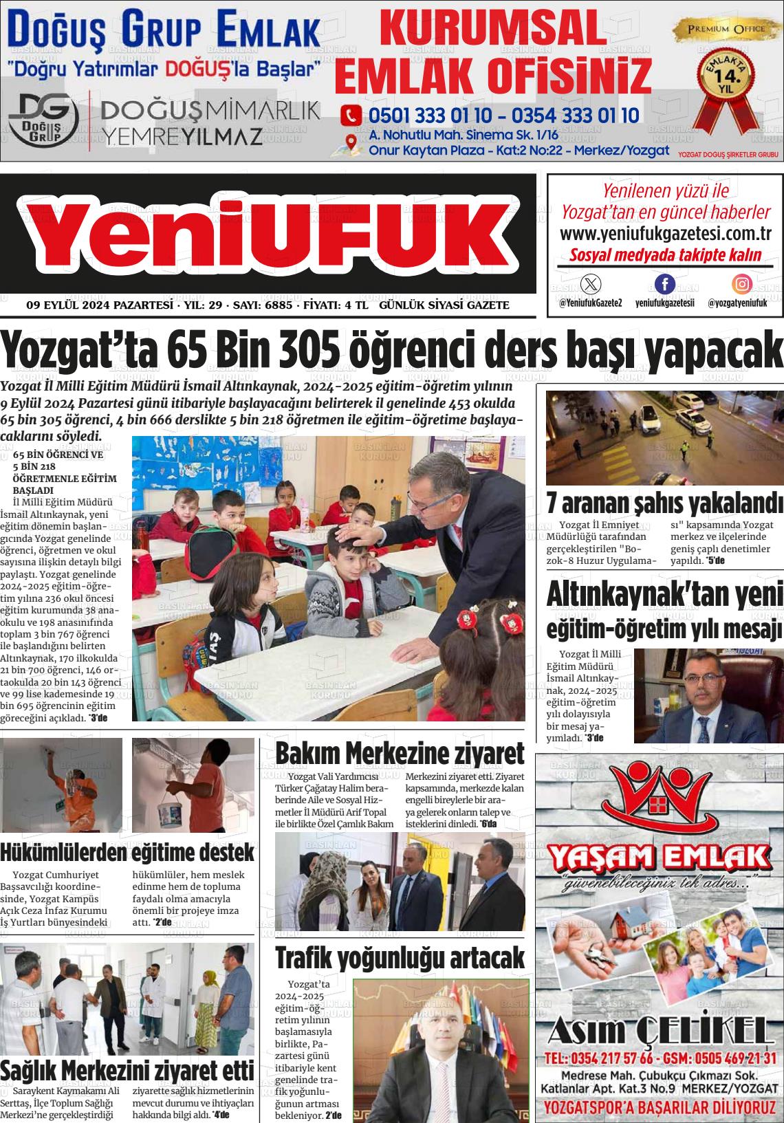 09 Eylül 2024 Yozgat Yeni Ufuk Gazete Manşeti