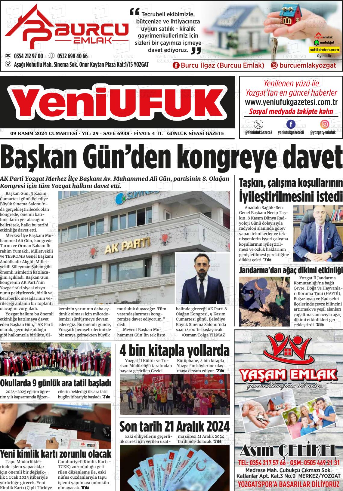 09 Kasım 2024 Yozgat Yeni Ufuk Gazete Manşeti