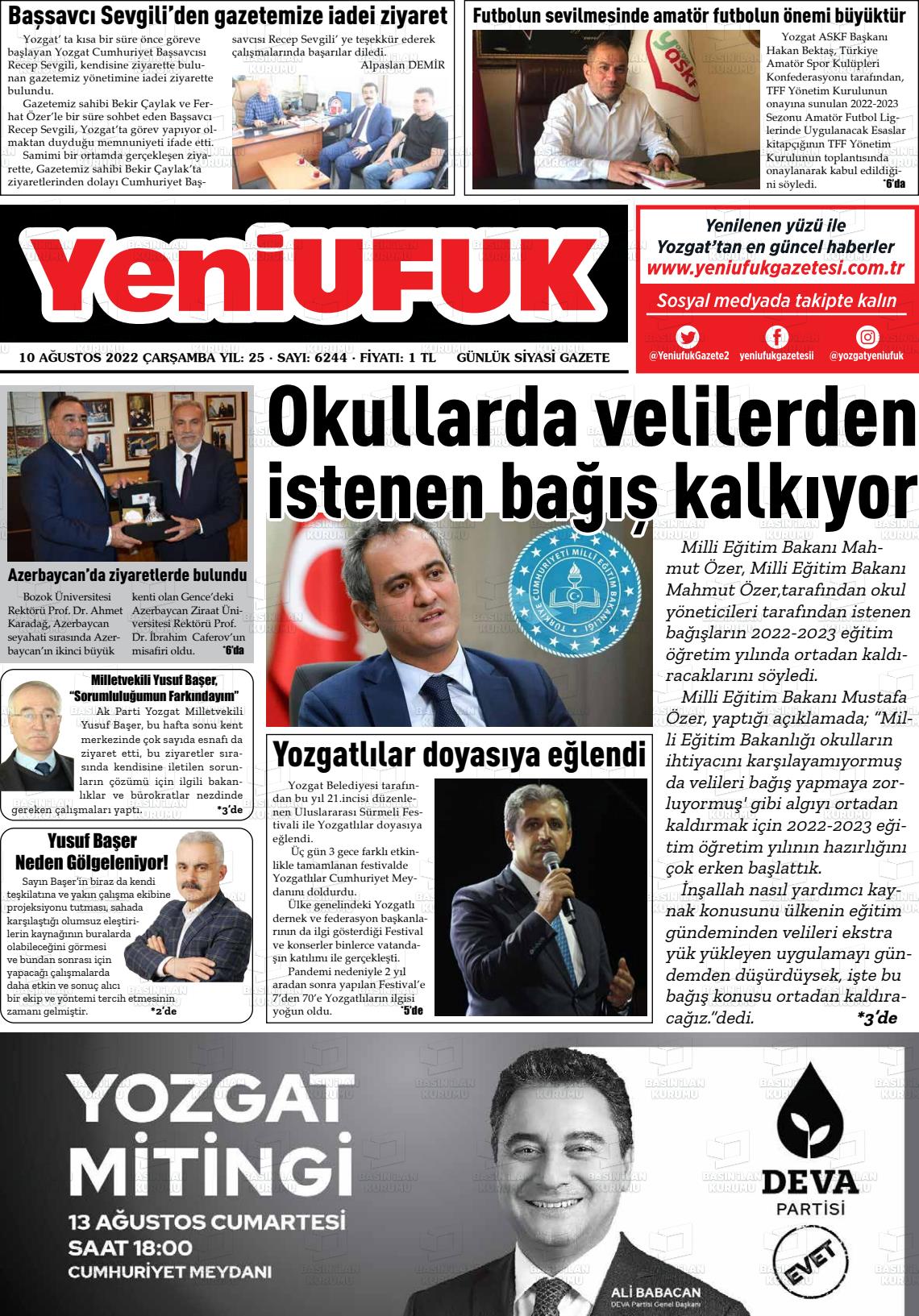 10 Ağustos 2022 Yozgat Yeni Ufuk Gazete Manşeti