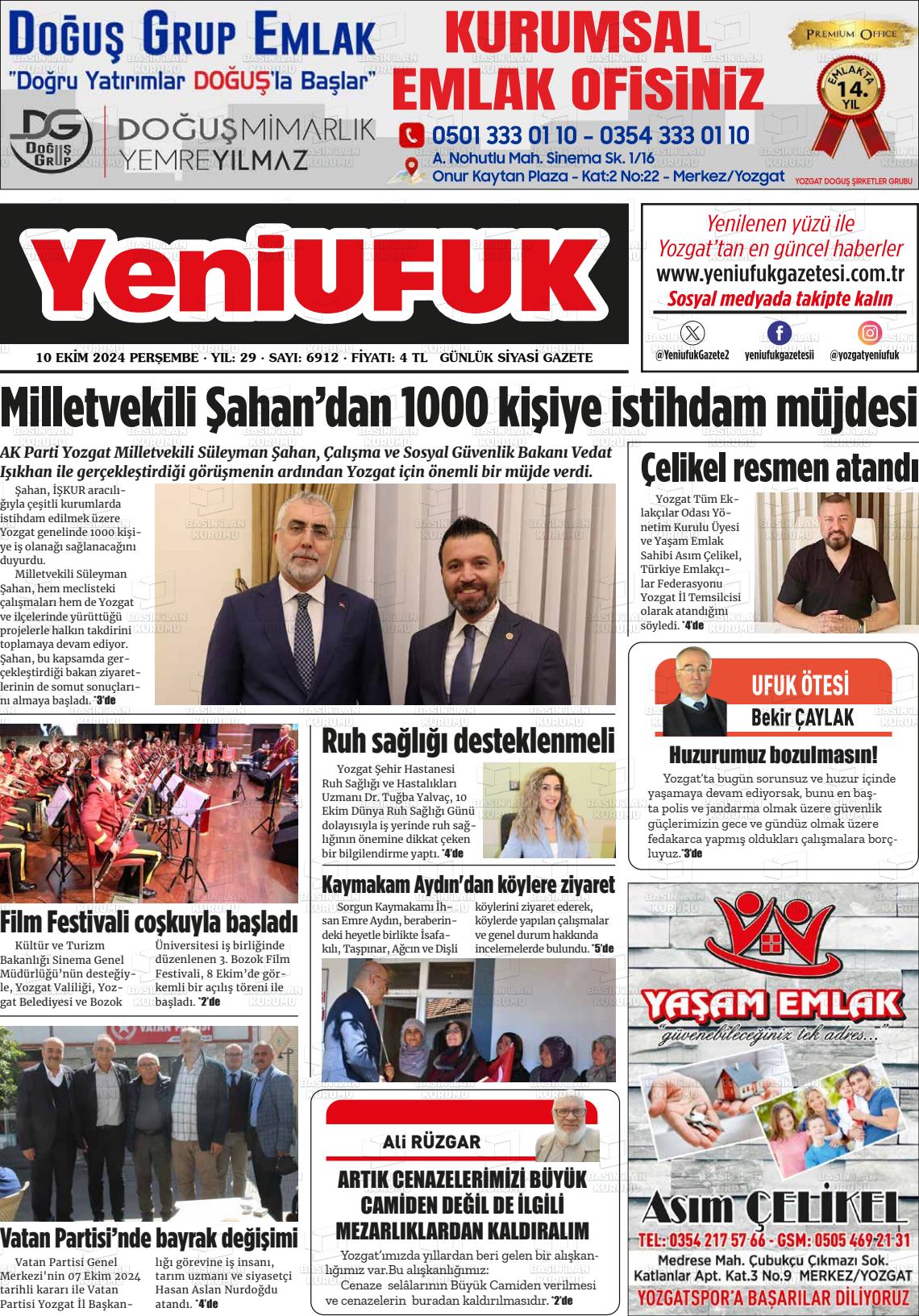 10 Ekim 2024 Yozgat Yeni Ufuk Gazete Manşeti