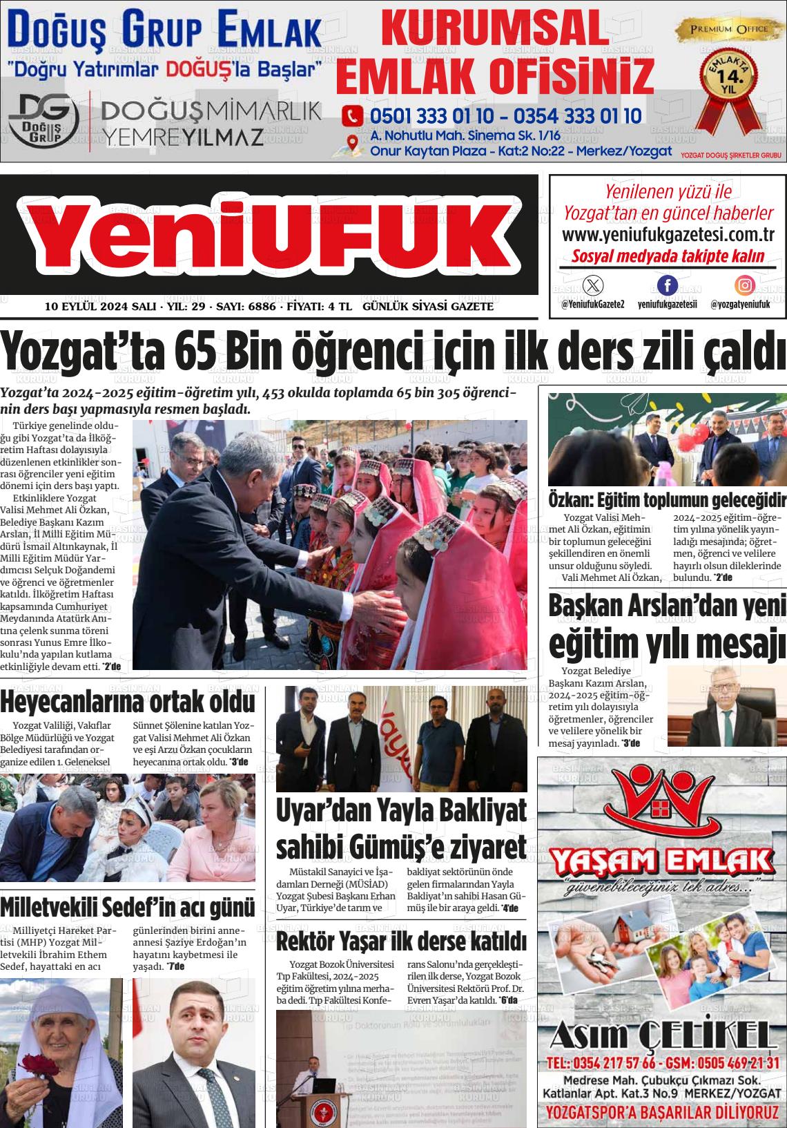 10 Eylül 2024 Yozgat Yeni Ufuk Gazete Manşeti