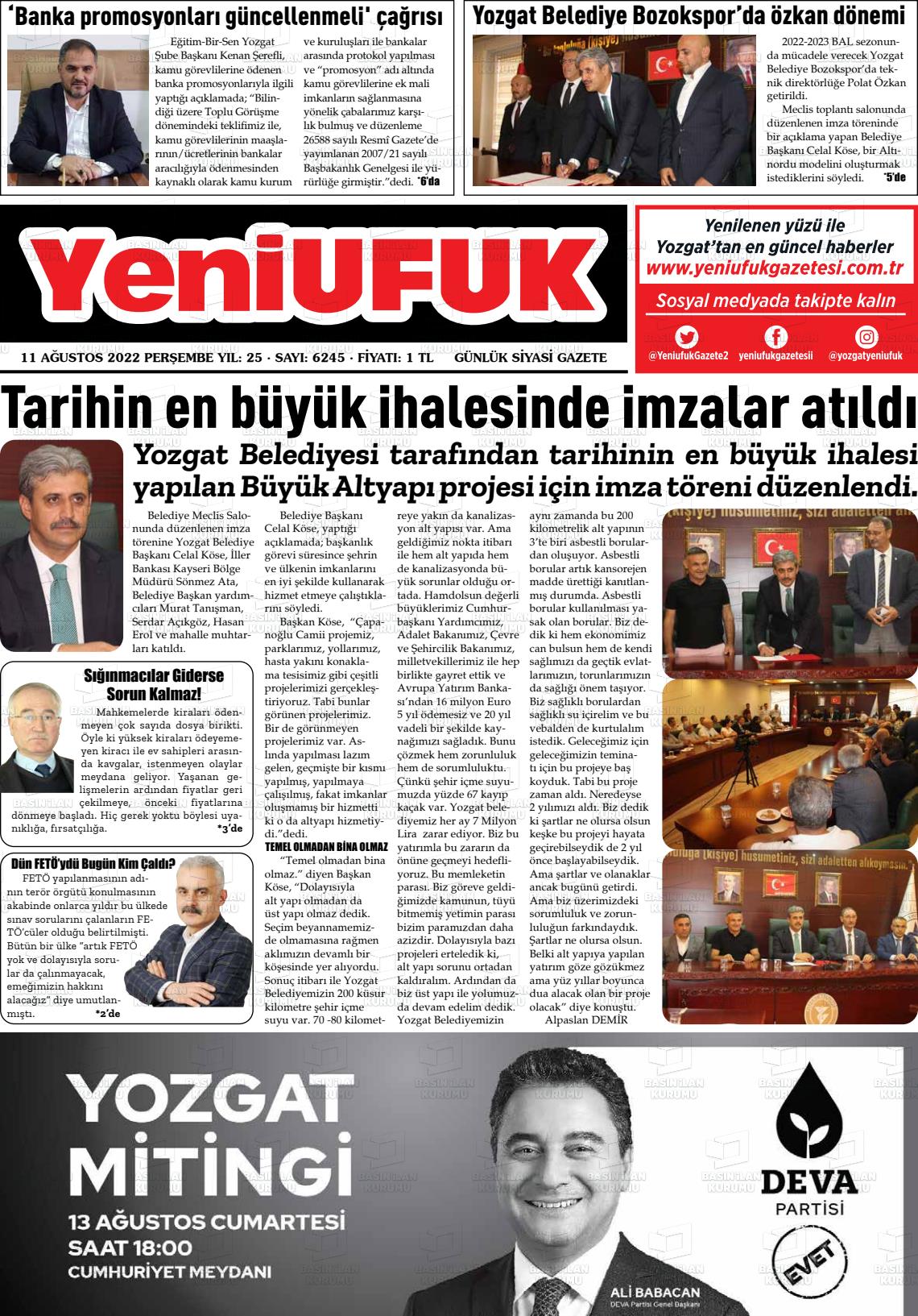 11 Ağustos 2022 Yozgat Yeni Ufuk Gazete Manşeti