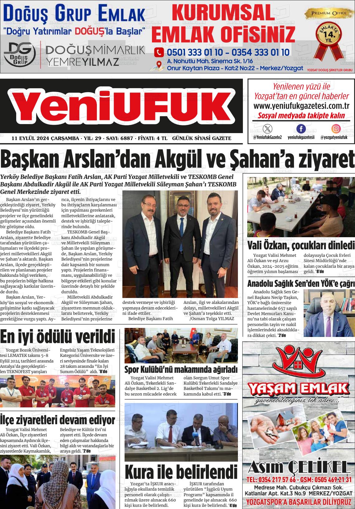 11 Eylül 2024 Yozgat Yeni Ufuk Gazete Manşeti