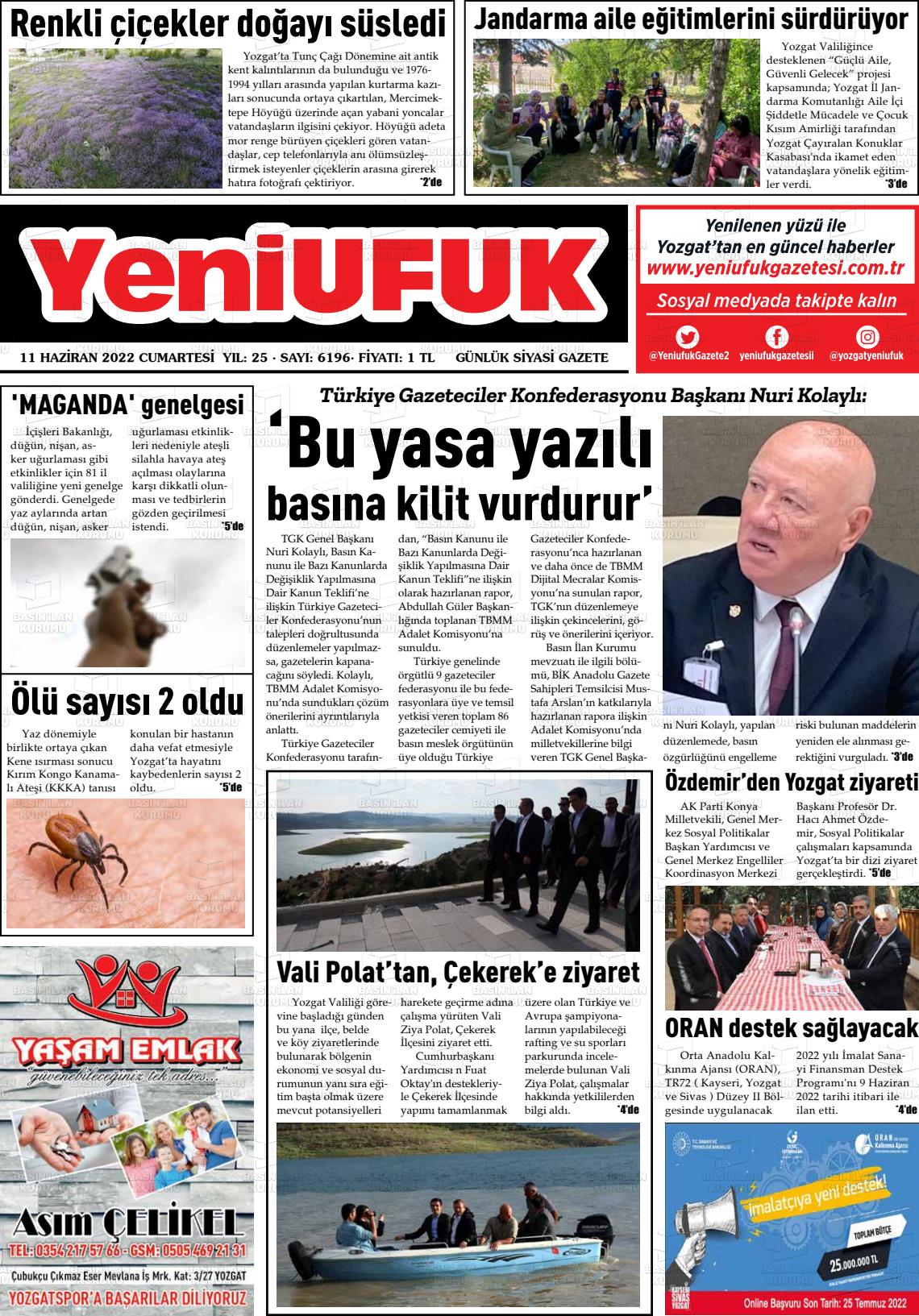 11 Haziran 2022 Yozgat Yeni Ufuk Gazete Manşeti