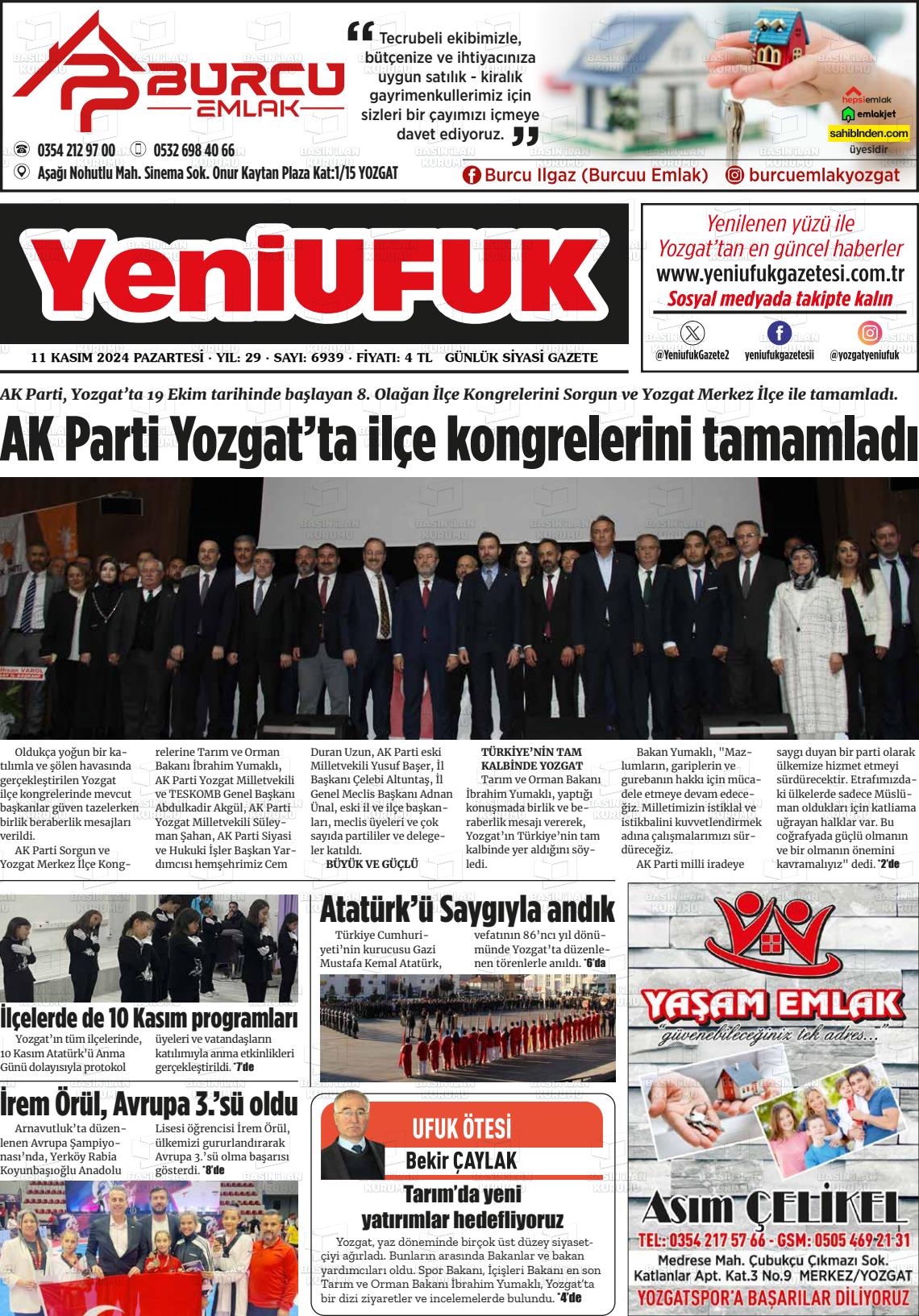 11 Kasım 2024 Yozgat Yeni Ufuk Gazete Manşeti