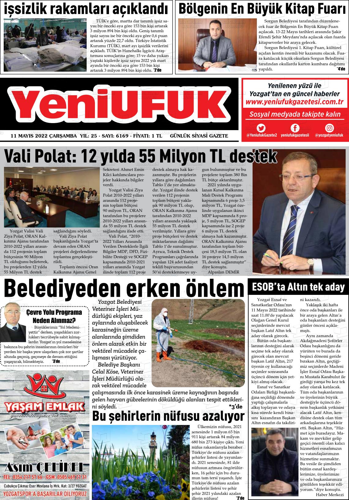 11 Mayıs 2022 Yozgat Yeni Ufuk Gazete Manşeti