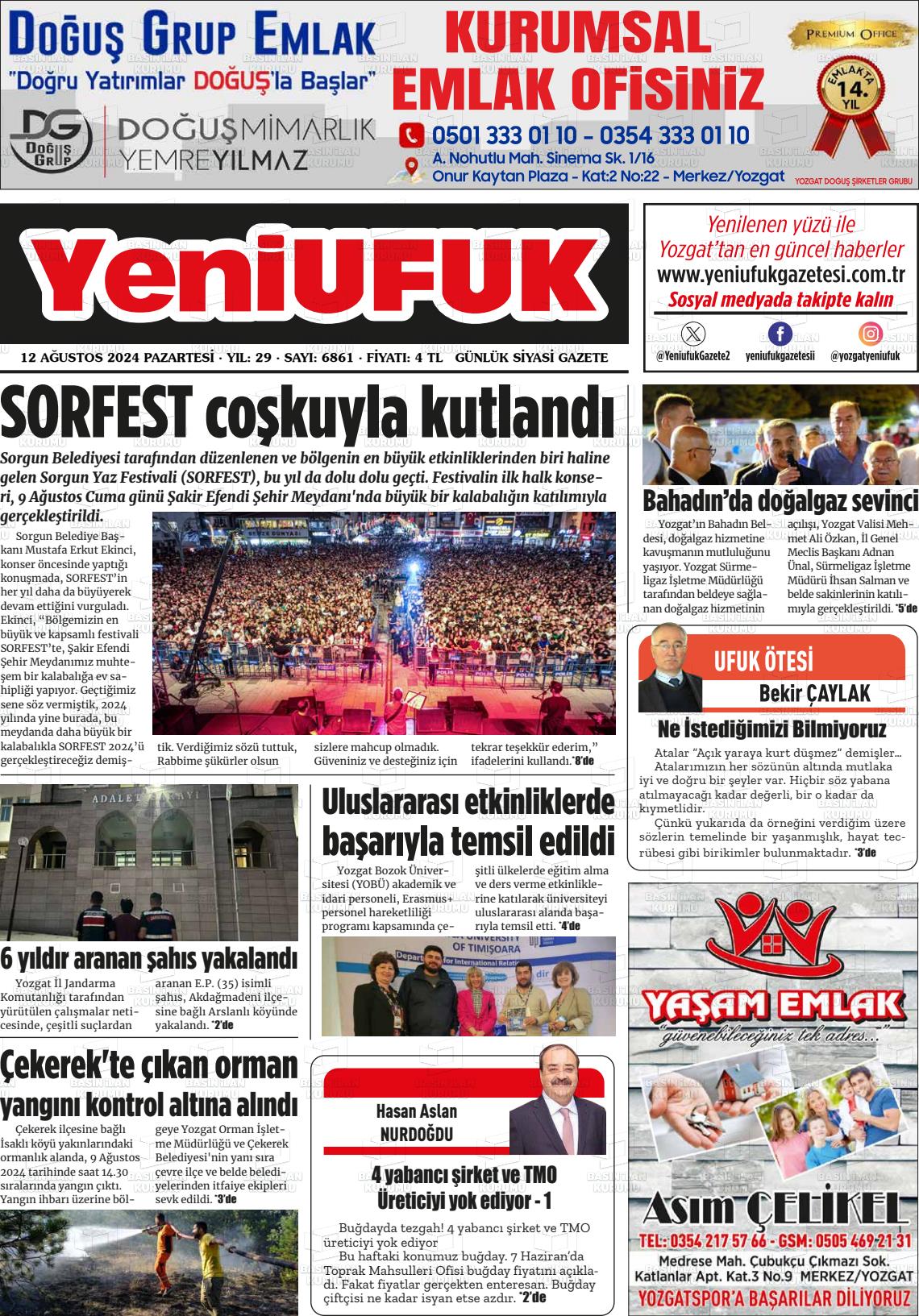 12 Ağustos 2024 Yozgat Yeni Ufuk Gazete Manşeti