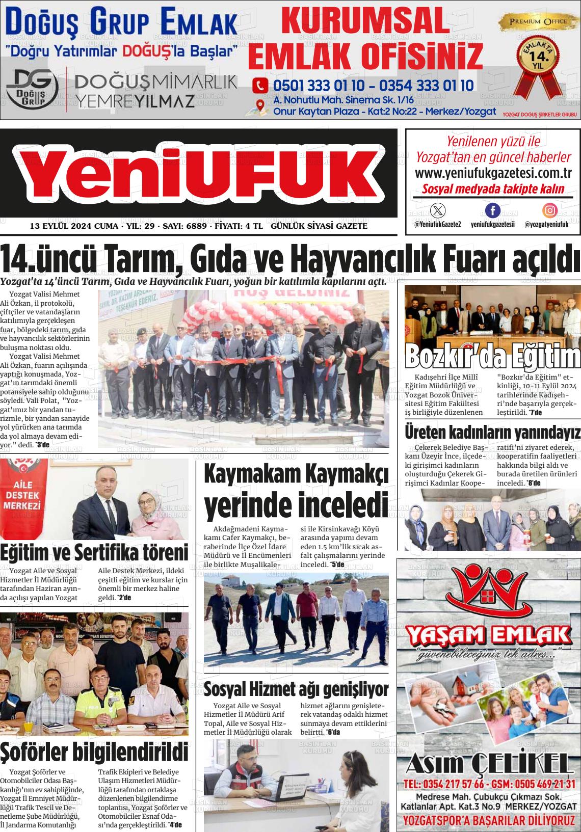 13 Eylül 2024 Yozgat Yeni Ufuk Gazete Manşeti