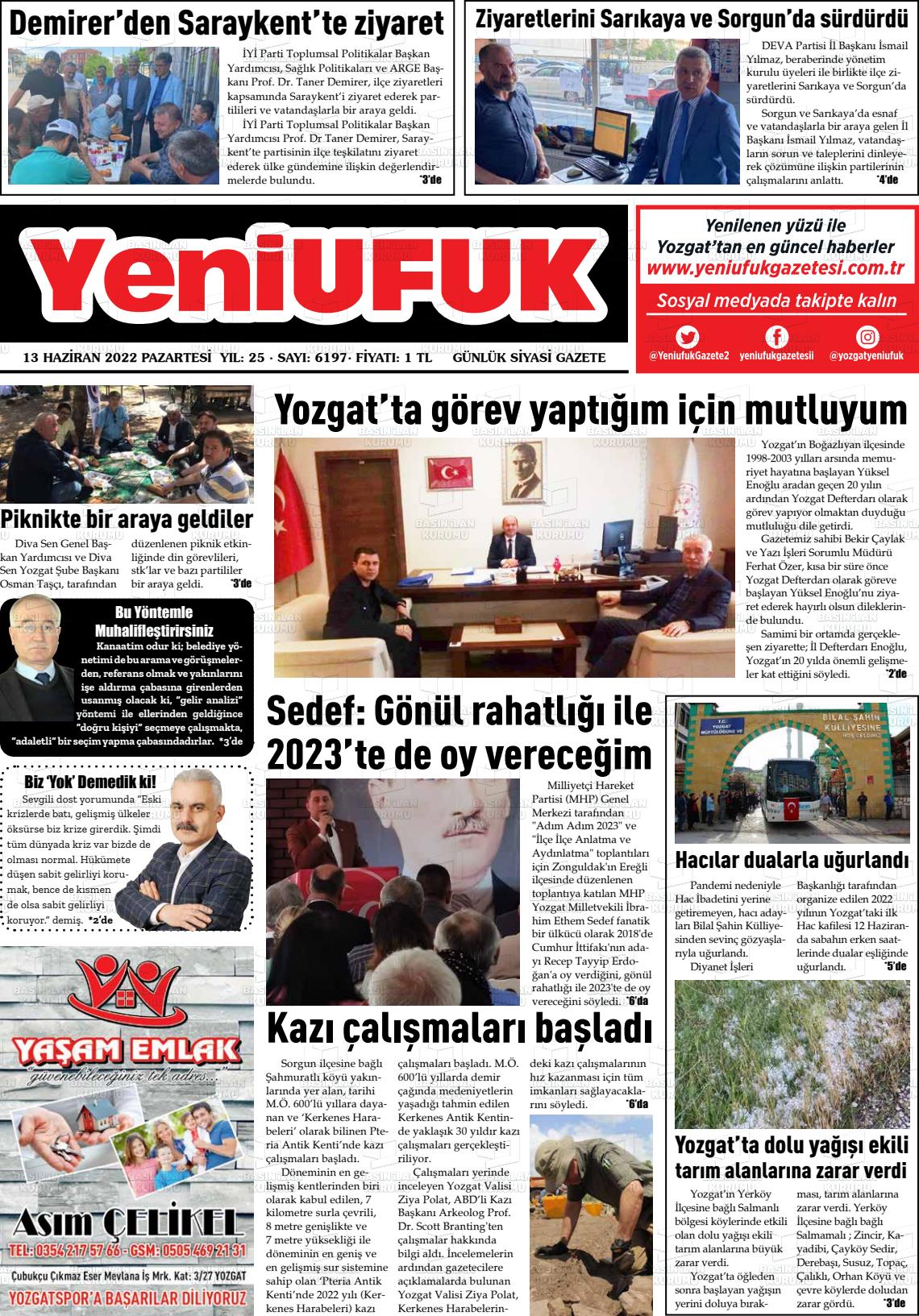 13 Haziran 2022 Yozgat Yeni Ufuk Gazete Manşeti