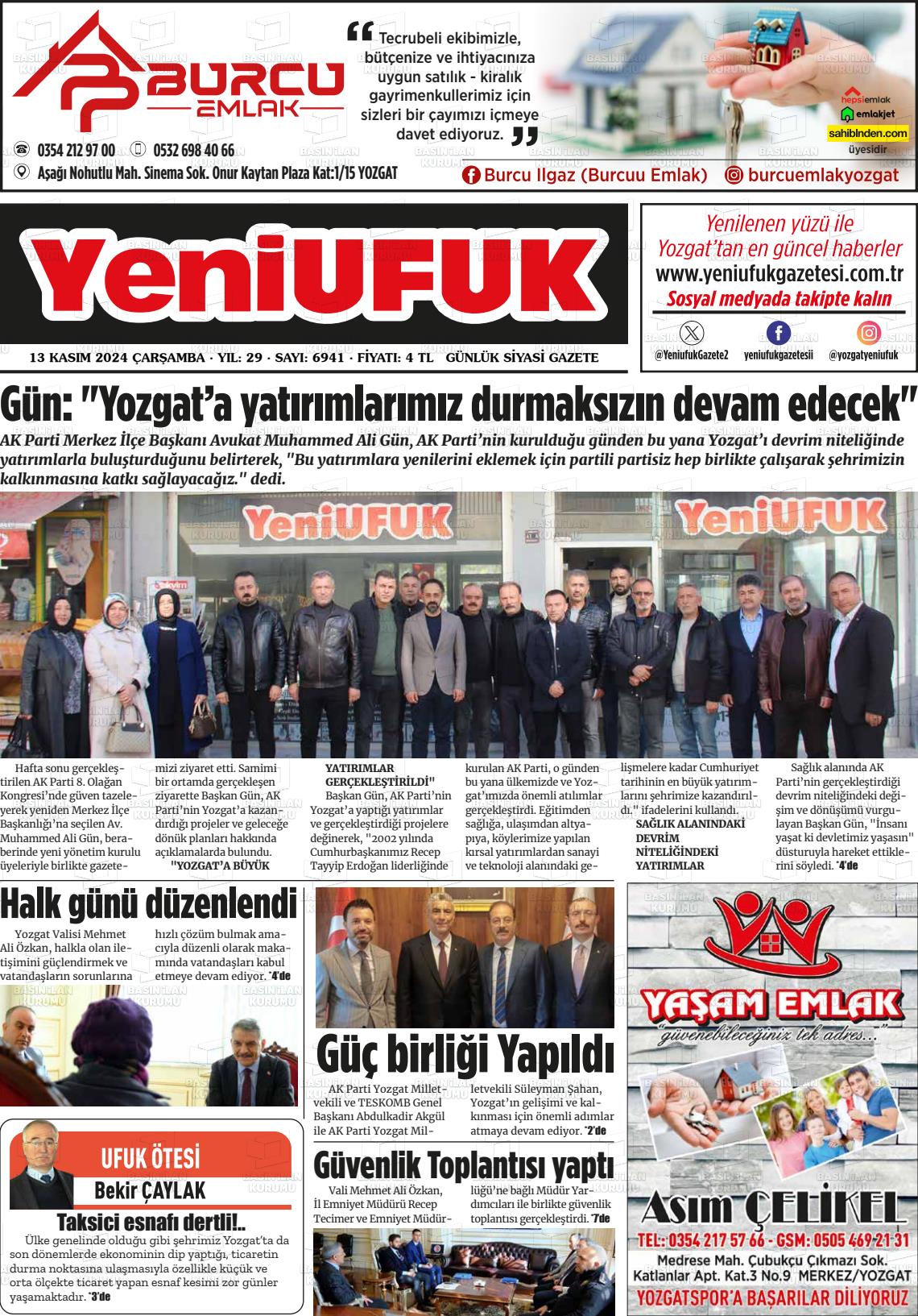 13 Kasım 2024 Yozgat Yeni Ufuk Gazete Manşeti