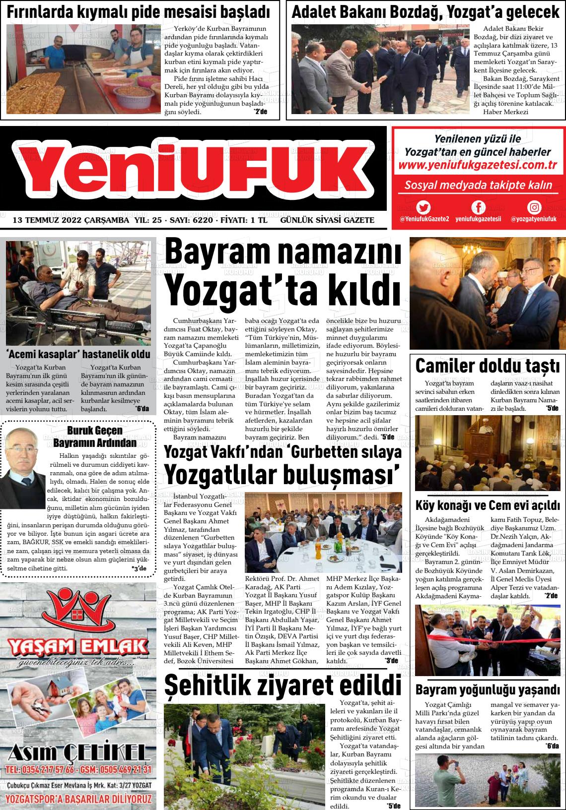 13 Temmuz 2022 Yozgat Yeni Ufuk Gazete Manşeti