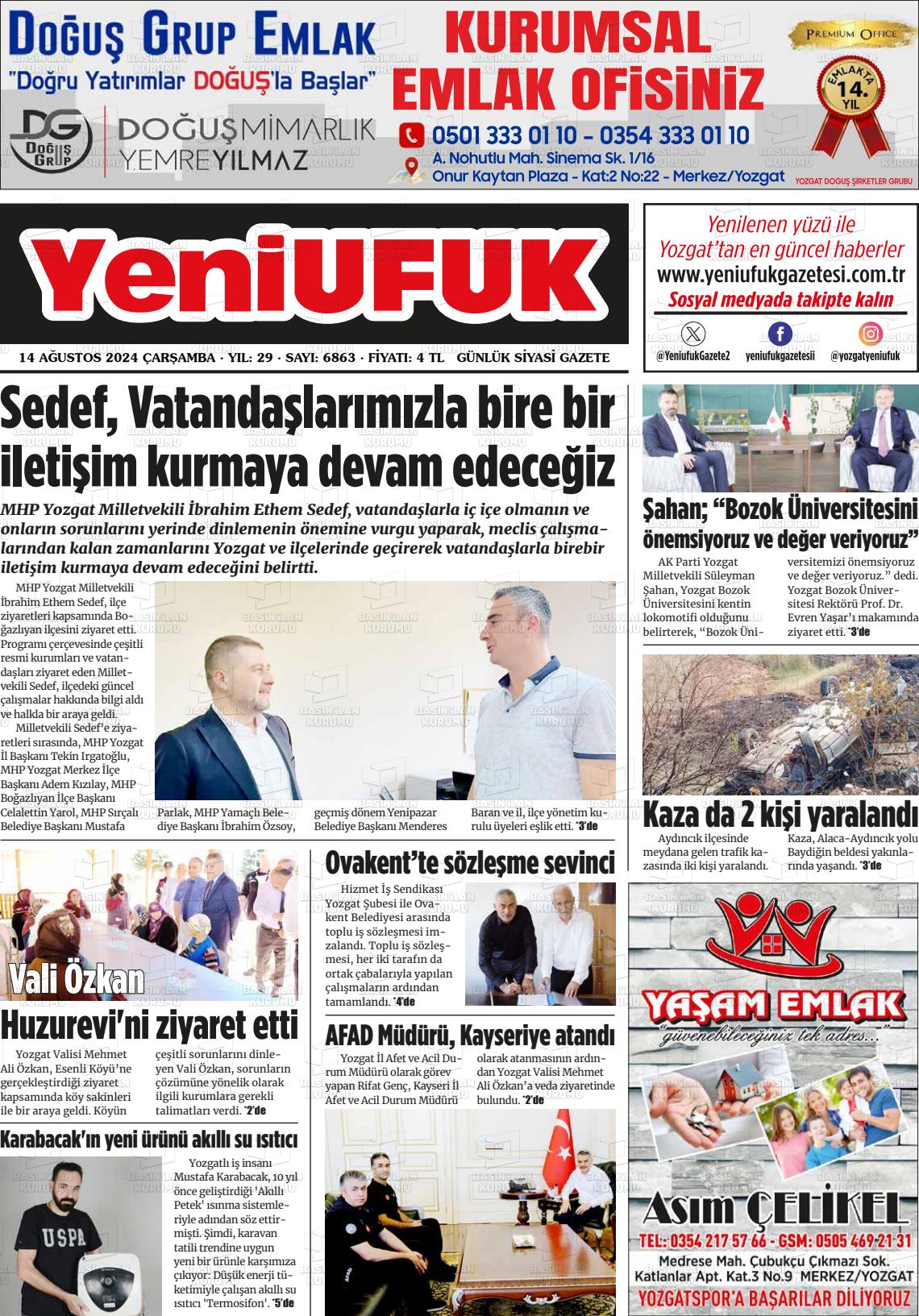 14 Ağustos 2024 Yozgat Yeni Ufuk Gazete Manşeti