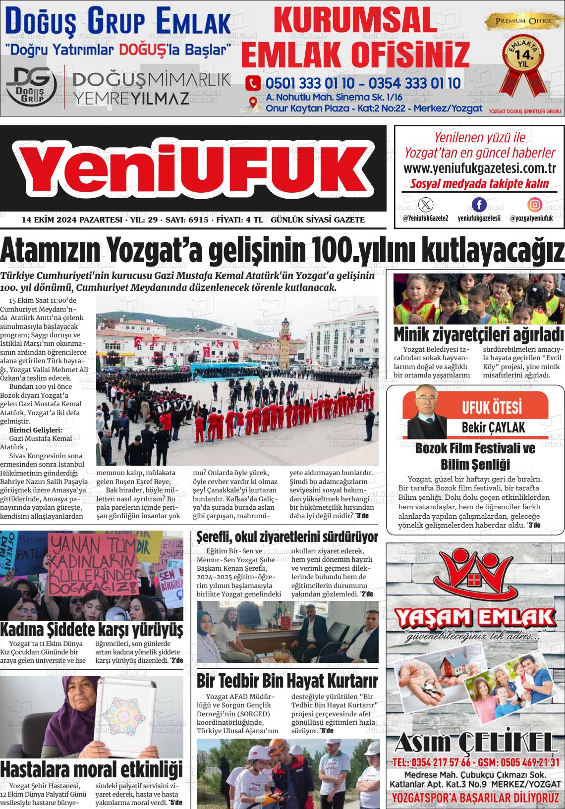 14 Ekim 2024 Yozgat Yeni Ufuk Gazete Manşeti