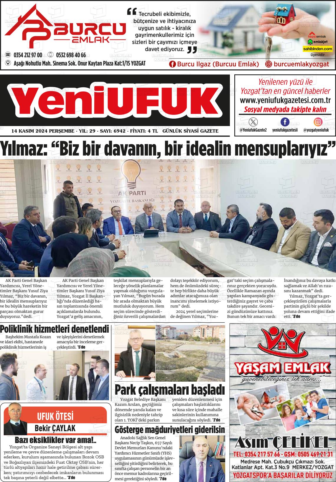 14 Kasım 2024 Yozgat Yeni Ufuk Gazete Manşeti