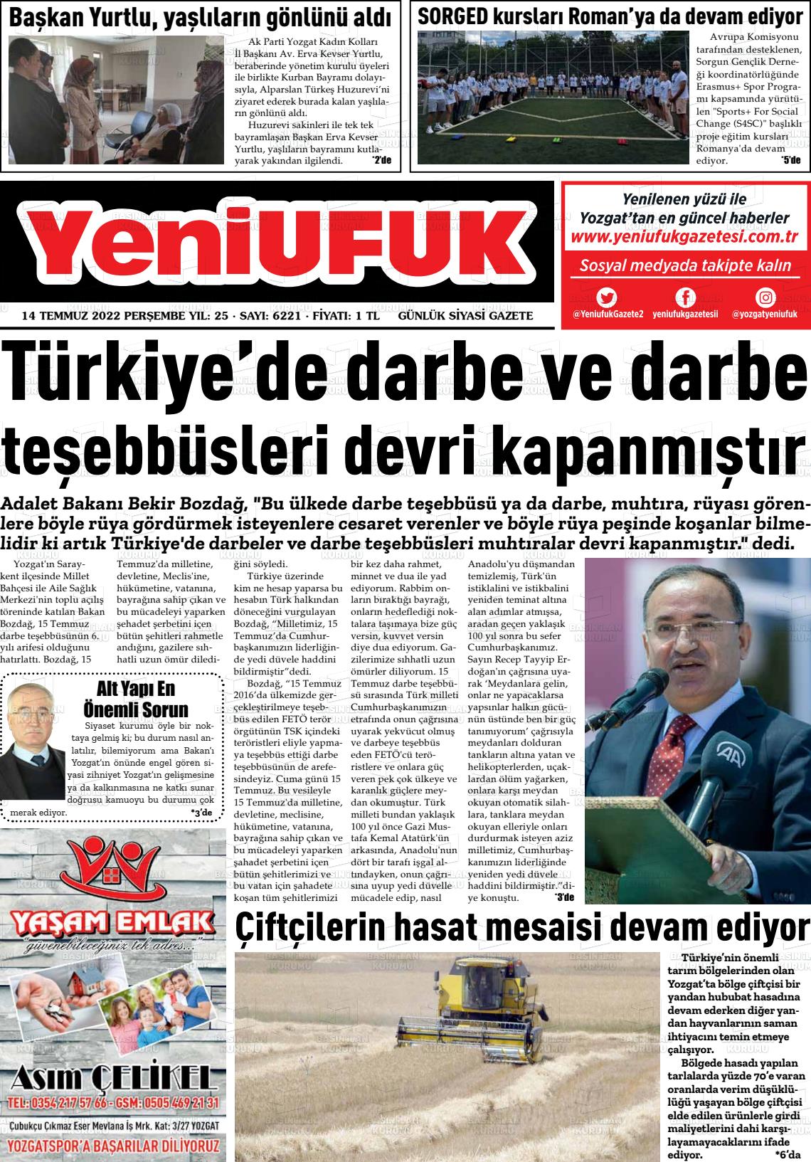 14 Temmuz 2022 Yozgat Yeni Ufuk Gazete Manşeti